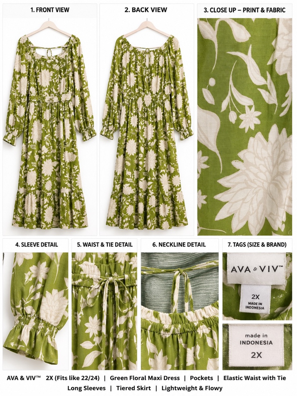 Ava & Viv Green Floral Midi Dress w/ Pockets | 2X | Boho Cottagecore
